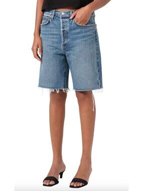 AGOLDE 90's Raw-Cut Edge Long Denim Shorts Size 26 Ruin Blue Bermuda
